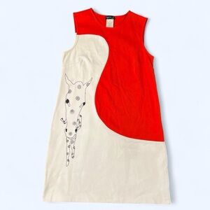 Rare 1990s Agnes B Dress Sleeveless Orange White Sz 3 Vintage Artistic Print